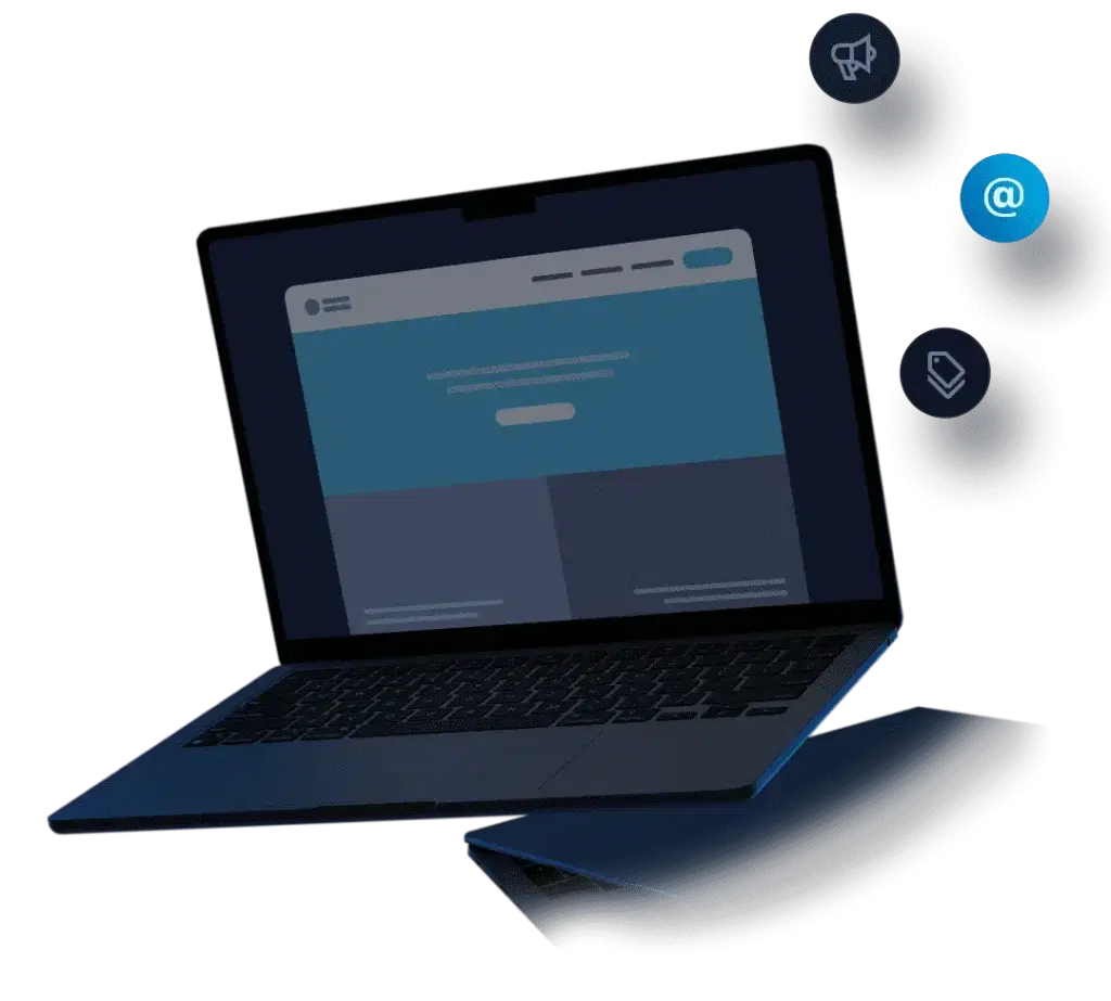 Laptop con icone email, notifica e segnalibro