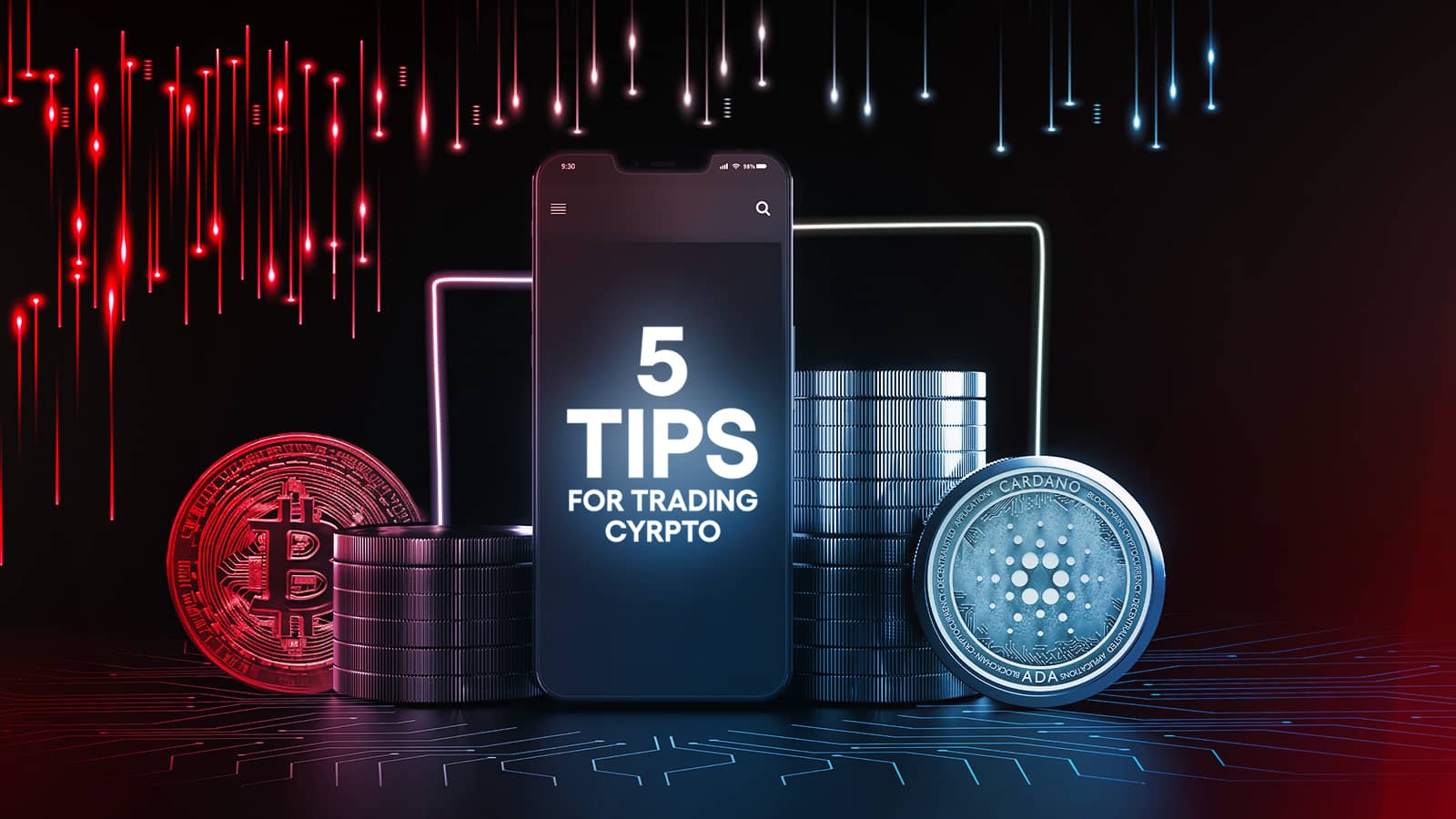 5 Tips for Trading Crypto title with crypto coins in the background