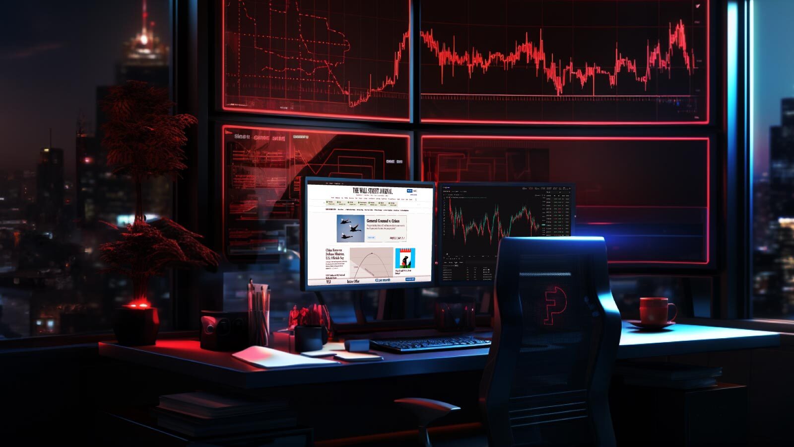 A trader's desk with the best trading resources available, such as trustworthy news outlets and a top-notch trading platform
