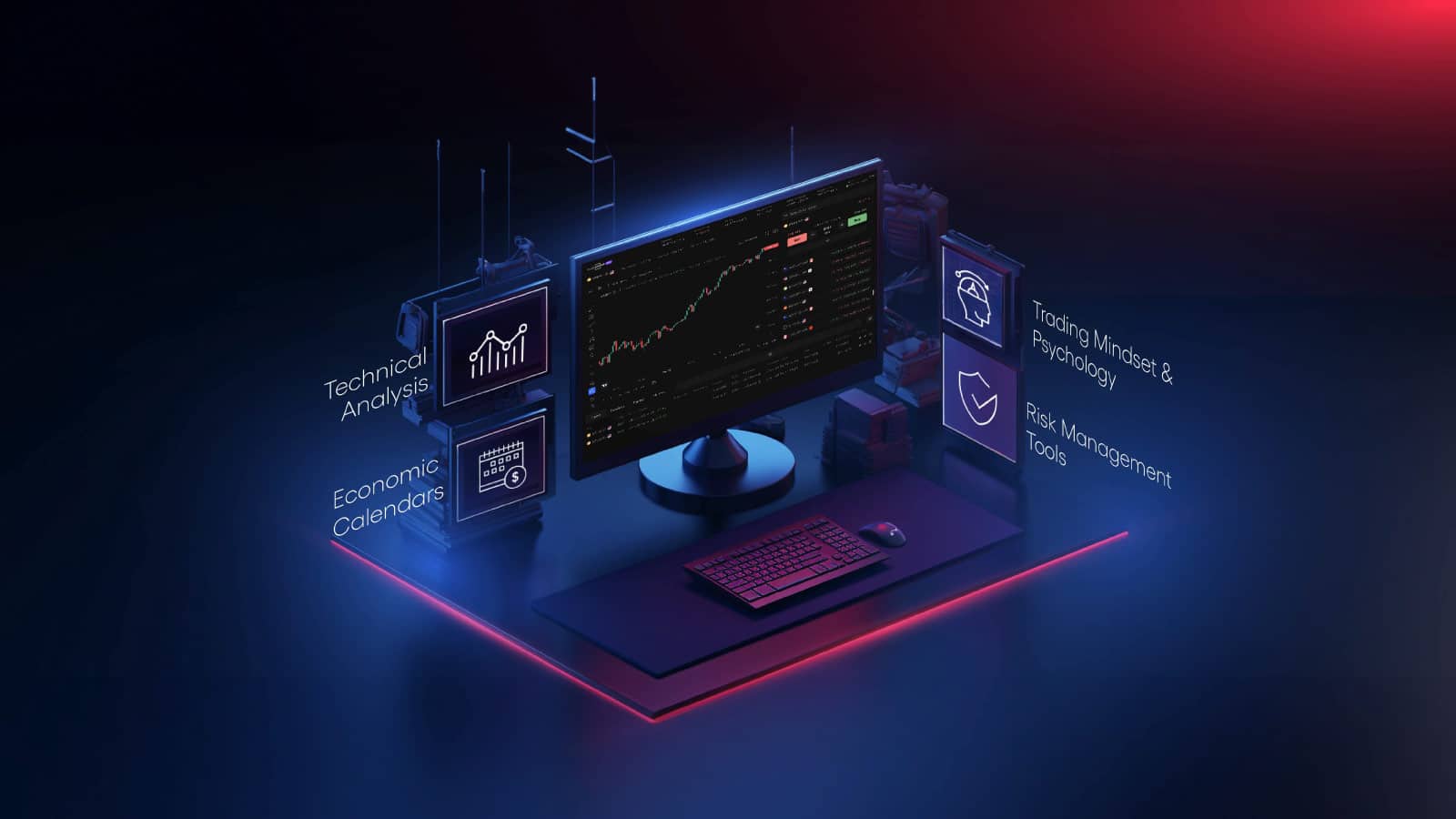 Futuristic trader's computer screen with must-have trading tools like economic calendars, risk management tools, and technical analysis resources