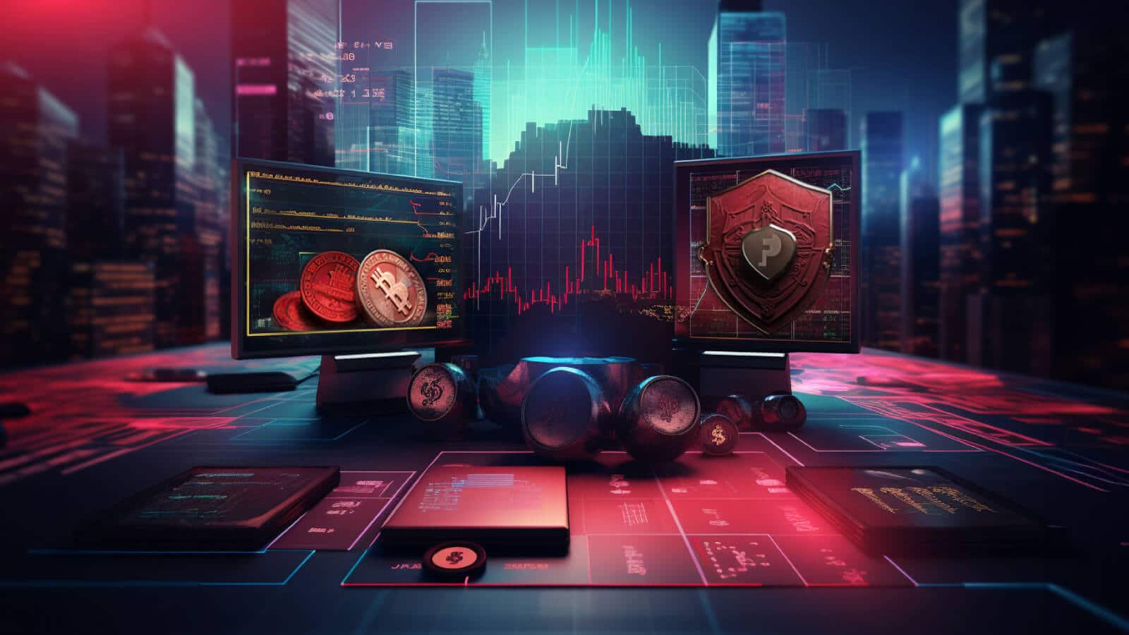 A futuristic trading environment with a shield representing dynamic risk management