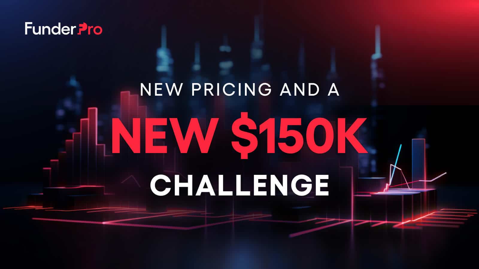 Abstract trading background with sentence "New pricing and a new $150k Challenge"