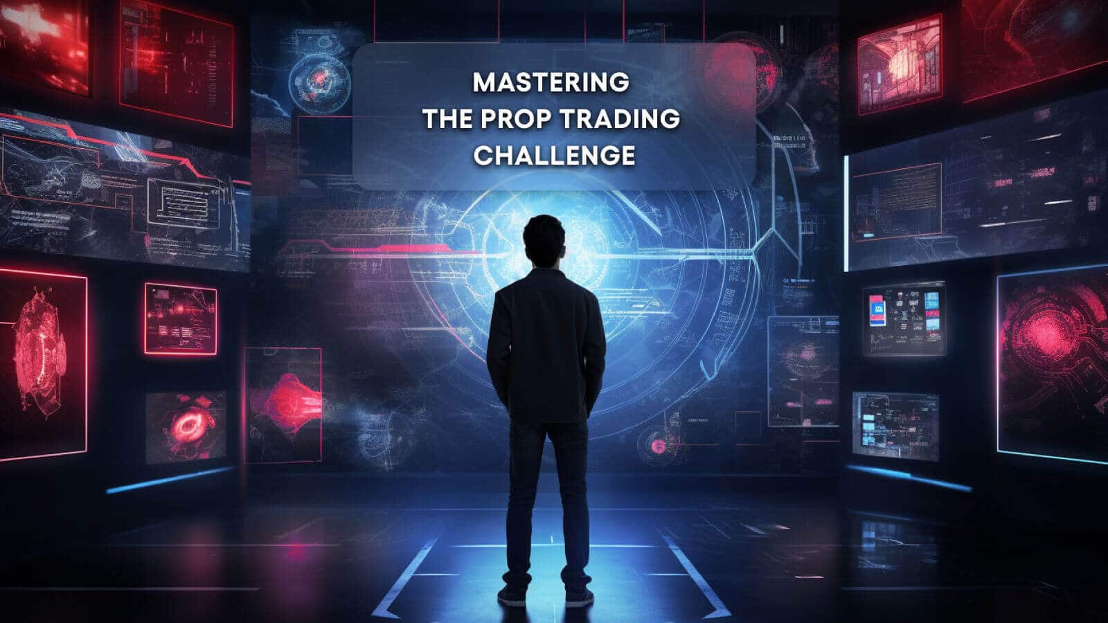 A trader in a futuristic setting looking at charts and undertaking a prop trading challenge