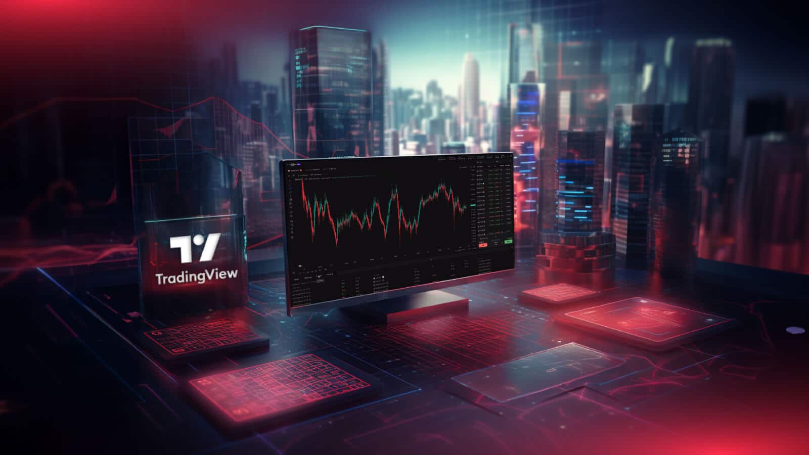Futuristic trading desk of a prop trader using TradeLocker with TradingView charting